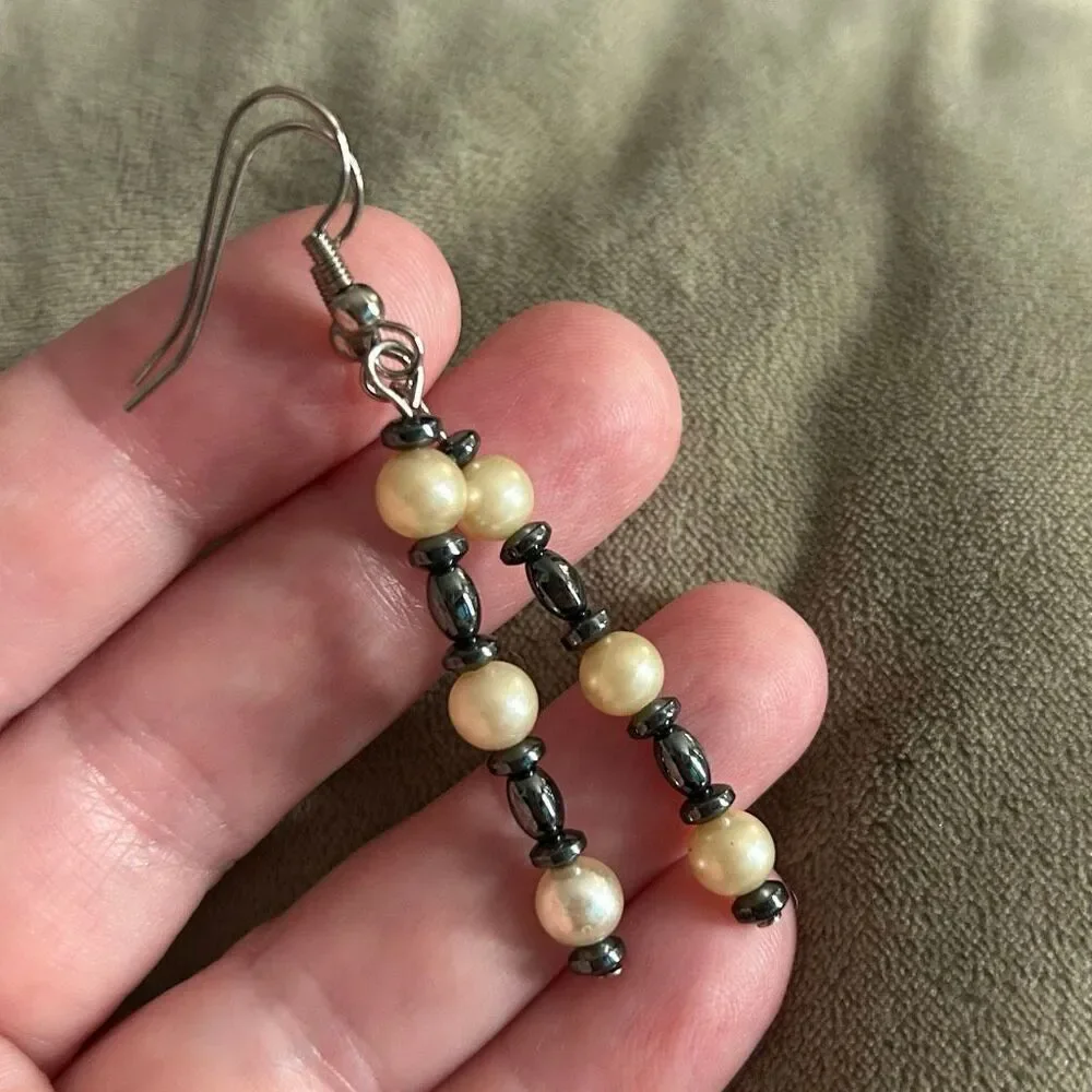 Handmade Hematite and Pearl Dangle Earrings